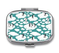 Pastillero de invierno con diseño de pingüinos y hielo marino, 2 compartimentos, portátil, organizador de pastillas de viaje