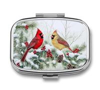 Pastillero de invierno con dos pájaros en ramas de pino con 2 compartimentos portátil, organizador de pastillas de viaje para bolso de bolsillo