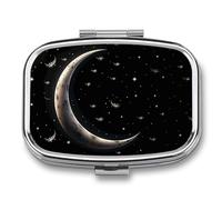 Pastillero de luna creciente sobre fondo negro, 2 compartimentos, pastillero portátil con espejo para bolso de bolsillo, viaje, mini organizador de medicamentos de metal para vitaminas y aceite de