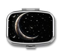 Pastillero de luna creciente sobre fondo negro con 2 compartimentos, organizador de medicamentos, portátil, pastillero cuadrado para bolsillo, pastillero de viaje para bolso