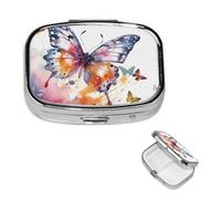 Pastillero de mariposa de acuarela con espejo, 2 compartimentos, decorativo, para bolso o bolsillo, organizador de píldoras cuadrado pequeño, organizador de píldoras semanal, tableta de medicina