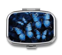 Pastillero de mariposas azul oscuro con 2 compartimentos, pastillero portátil con espejo para bolso de bolsillo, viaje, mini organizador de medicamentos de metal para vitaminas y aceite de pescado