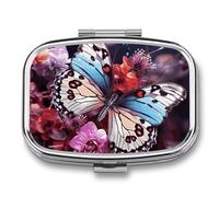 Pastillero de mariposas coloridas en flores, 2 compartimentos, pastillero portátil con espejo para bolso de bolsillo, viaje, mini organizador de medicamentos de metal para vitaminas y aceite de