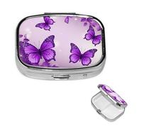 Pastillero de mariposas moradas con espejo, 2 compartimentos, decorativo, para bolso o bolsillo, organizador de pastillas cuadrado pequeño, organizador semanal de metal, medicina, tableta, vitaminas