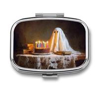 Pastillero de mesa de madera con sombrero de fiesta de cumpleaños fantasma con 2 compartimentos, organizador de pastillas de viaje para bolso de bolsillo