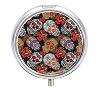 Pastillero de metal colorido con diseño de calavera y rosas y flores, portátil, organizador de medicamentos