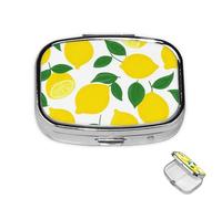 Pastillero de metal con 2 compartimentos, organizador de pastillas de limón amarillo para bolso o bolsillo, bonito soporte portátil para pastillas de viaje para guardar suplementos, vitaminas, aceite
