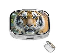 Pastillero de metal con 2 compartimentos, organizador de píldoras de animales salvajes, tigre, para bolso o bolsillo, lindo mini pastillero portátil para guardar suplementos, vitaminas, aceite de