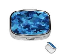 Pastillero de metal con 2 compartimentos, organizador de píldoras de camuflaje azul para bolso o bolsillo, lindo mini pastillero portátil para guardar suplementos, vitaminas, aceite de pescado
