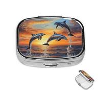 Pastillero de metal con 2 compartimentos, organizador de píldoras de delfines al atardecer, para bolso o bolsillo, bonito pastillero portátil para guardar suplementos, vitaminas, aceite de pescado