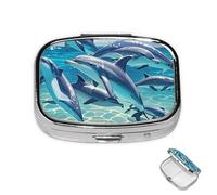 Pastillero de metal con 2 compartimentos, organizador de píldoras de delfines artísticos para bolso o bolsillo, lindo mini pastillero portátil para guardar suplementos, vitaminas, aceite de pescado