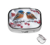 Pastillero de metal con 2 compartimentos, organizador de píldoras de invierno para pájaros en rama, para bolso o bolsillo, bonito pastillero portátil para guardar suplementos, vitaminas, aceite de