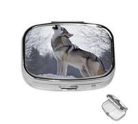 Pastillero de metal con 2 compartimentos, organizador de píldoras de lobo aullando para bolso o bolsillo, lindo mini pastillero portátil para guardar suplementos, vitaminas, aceite de pescado