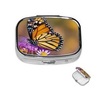 Pastillero de metal con 2 compartimentos, organizador de píldoras de mariposa monarca para bolso o bolsillo, lindo mini pastillero portátil para guardar suplementos, vitaminas, aceite de pescado