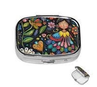 Pastillero de metal con 2 compartimentos, organizador de píldoras de medicina, arte popular mexicano, boho, para bolso o bolsillo, bonito pastillero portátil para guardar suplementos, vitaminas