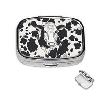 Pastillero de metal con 2 compartimentos, organizador de píldoras de medicina con estampado de vaca para bolso o bolsillo, lindo mini pastillero portátil para guardar suplementos, vitaminas, aceite de