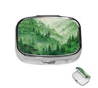 Pastillero de metal con 2 compartimentos, organizador de píldoras de medicina de bosque verde para bolso o bolsillo, lindo mini pastillero portátil para guardar suplementos, vitaminas, aceite de