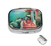 Pastillero de metal con 2 compartimentos, organizador de píldoras de medicina mediterráneo de verano para bolso o bolsillo, lindo mini pastillero portátil para guardar suplementos, vitaminas, aceite