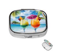 Pastillero de metal con 2 compartimentos, organizador de píldoras de medicina tropical, playa, bebida, para bolso o bolsillo, bonito soporte portátil para pastillas de viaje para guardar suplementos