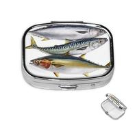 Pastillero de metal con 2 compartimentos, organizador de píldoras de salmón, pescado, para bolso o bolsillo, bonito soporte portátil para pastillas de viaje para guardar suplementos, vitaminas, aceite