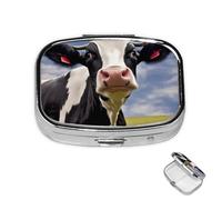 Pastillero de metal con 2 compartimentos, organizador de píldoras de vaca, color blanco y negro, para bolso o bolsillo, bonito soporte portátil para pastillas de viaje para guardar suplementos