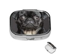 Pastillero de metal con 2 compartimentos, organizador de píldoras para medicina de perro carlino negro para bolso o bolsillo, lindo pastillero portátil para guardar suplementos, vitaminas, aceite de