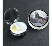 Pastillero de metal con 3 compartimentos, organizador de pastillas de lobo aullando para bolso o bolsillo, mini soporte portátil para pastillas de viaje para guardar suplementos, vitaminas, aceite de
