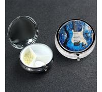 Pastillero de metal con 3 compartimentos, organizador de píldoras de guitarra azul para bolso o bolsillo, mini pastillero portátil de viaje para guardar suplementos, vitaminas, aceite de pescado
