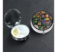 Pastillero de metal con 3 compartimentos, organizador de píldoras de medicina, arte popular mexicano, boho, para bolso o bolsillo, mini pastillero portátil de viaje para guardar suplementos, vitaminas