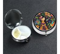 Pastillero de metal con 3 compartimentos, organizador de píldoras de medicina de arte popular mexicano para bolso o bolsillo, mini pastillero portátil de viaje para guardar suplementos, vitaminas
