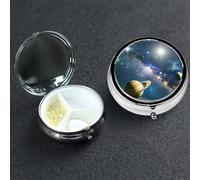 Pastillero de metal con 3 compartimentos, organizador de píldoras de medicina, planetas, estrellas y la Vía Láctea, pastillero para bolso o bolsillo, mini pastillero portátil de viaje para guardar
