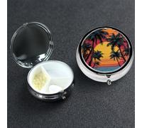 Pastillero de metal con 3 compartimentos, organizador de píldoras de medicina tropical, playa, palmera, puesta de sol, para bolso o bolsillo, mini pastillero portátil de viaje para guardar suplementos