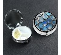 Pastillero de metal con 3 compartimentos, organizador de píldoras medicinales, color azul mar, sirena, escamas de pescado, para bolso o bolsillo, mini soporte portátil para pastillas de viaje para