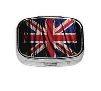 Pastillero de metal con bandera británica sobre fondo negro, organizador de pastillas de viaje portátil para bolsillo o bolso, caja de medicina decorativa, contenedor de vitaminas