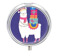 Pastillero de metal con diseño de alpaca, con texto en inglés "Merry Christams"