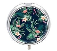 Pastillero de metal con diseño de flamencos, hojas de hibisco, portátil, organizador de medicamentos, contenedor de vitamina