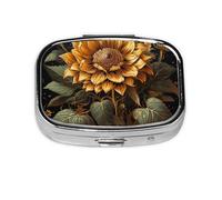Pastillero de metal con diseño de girasol sobre fondo negro, organizador de pastillas de viaje portátil para bolsillo o bolso, caja de medicina decorativa, contenedor de vitaminas