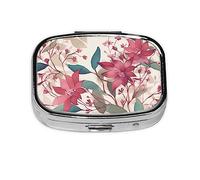 Pastillero de metal con diseño de hojas y flores rosadas, organizador de píldoras portátil para bolsillo o bolso, organizador decorativo de medicamentos, contenedor de vitaminas