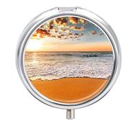 Pastillero de metal con diseño de nubes de atardecer y playa, organizador de medicamentos