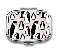 Pastillero de metal con diseño de pingüinos, portátil, organizador de medicamentos