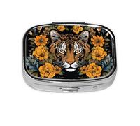 Pastillero de metal con diseño de tigre y girasol sobre fondo negro, organizador de pastillas portátil de viaje para bolsillo o bolso, caja de medicina decorativa, contenedor de vitaminas
