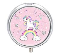 Pastillero de metal con diseño de unicornio arcoíris y diamantes, organizador de medicamentos, contenedor de vitamina