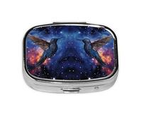 Pastillero de metal con dos colibríes bajo el cielo estrellado, organizador de pastillas portátil de viaje para bolsillo o bolso, caja de medicina decorativa, contenedor de vitaminas