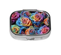 Pastillero de metal con rosas multicolor sobre fondo negro, organizador de pastillas portátil de viaje para bolsillo o bolso, caja de medicina decorativa, contenedor de vitaminas