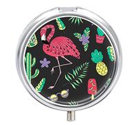 Pastillero de metal, diseño de flamenco rosa con hoja de palma, piña y cactus, organizador de medicamentos, contenedor de vitamina