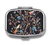 Pastillero de metal, diseño de flores, árbol y pájaros, portátil, organizador de medicamentos, contenedor de vitamina