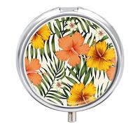 Pastillero de metal, diseño de flores de hibisco y hojas de palma, organizador de medicamentos, contenedor de vitamina