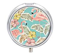 Pastillero de metal, diseño de pájaros de flamencos y flores de hibisco, portátil, organizador de medicamentos