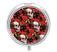 Pastillero de metal, diseño de rosas y calavera, portátil, organizador de medicamentos, contenedor de vitamina