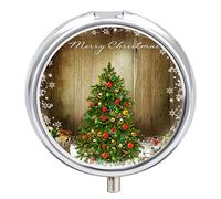 Pastillero de metal para árbol de Navidad, textura de madera, portátil, organizador de medicamentos, contenedor de vitamina